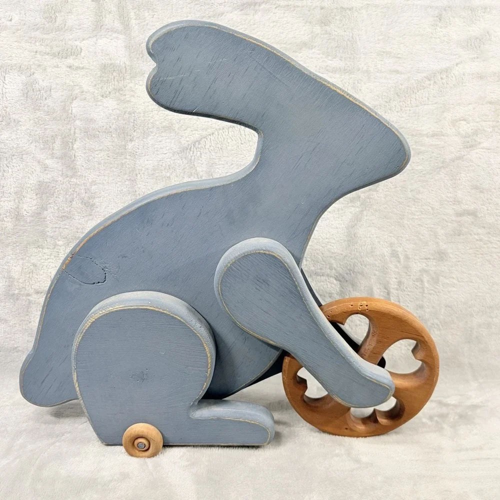 Blue Wood Bunny Rabbit‎ On Wheels Figure Decor Primitive Farmhouse Cottage Core